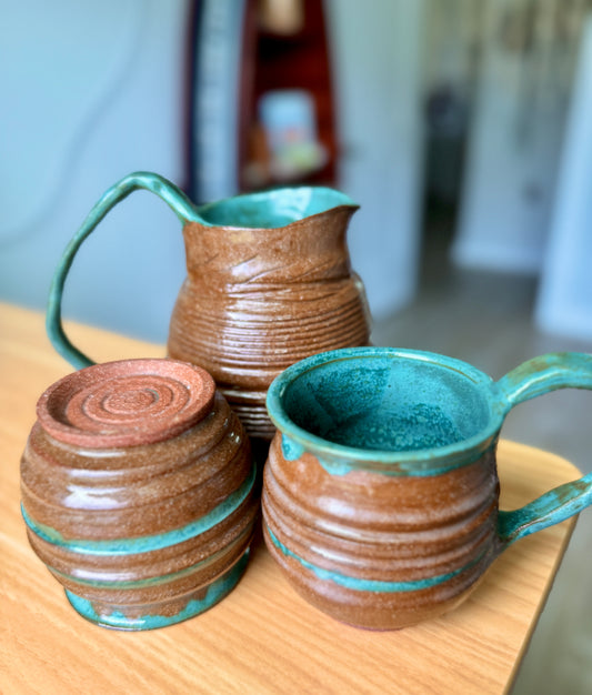 Ridge & Glaze Pitcher + Cup Set — Handthrown Stoneware