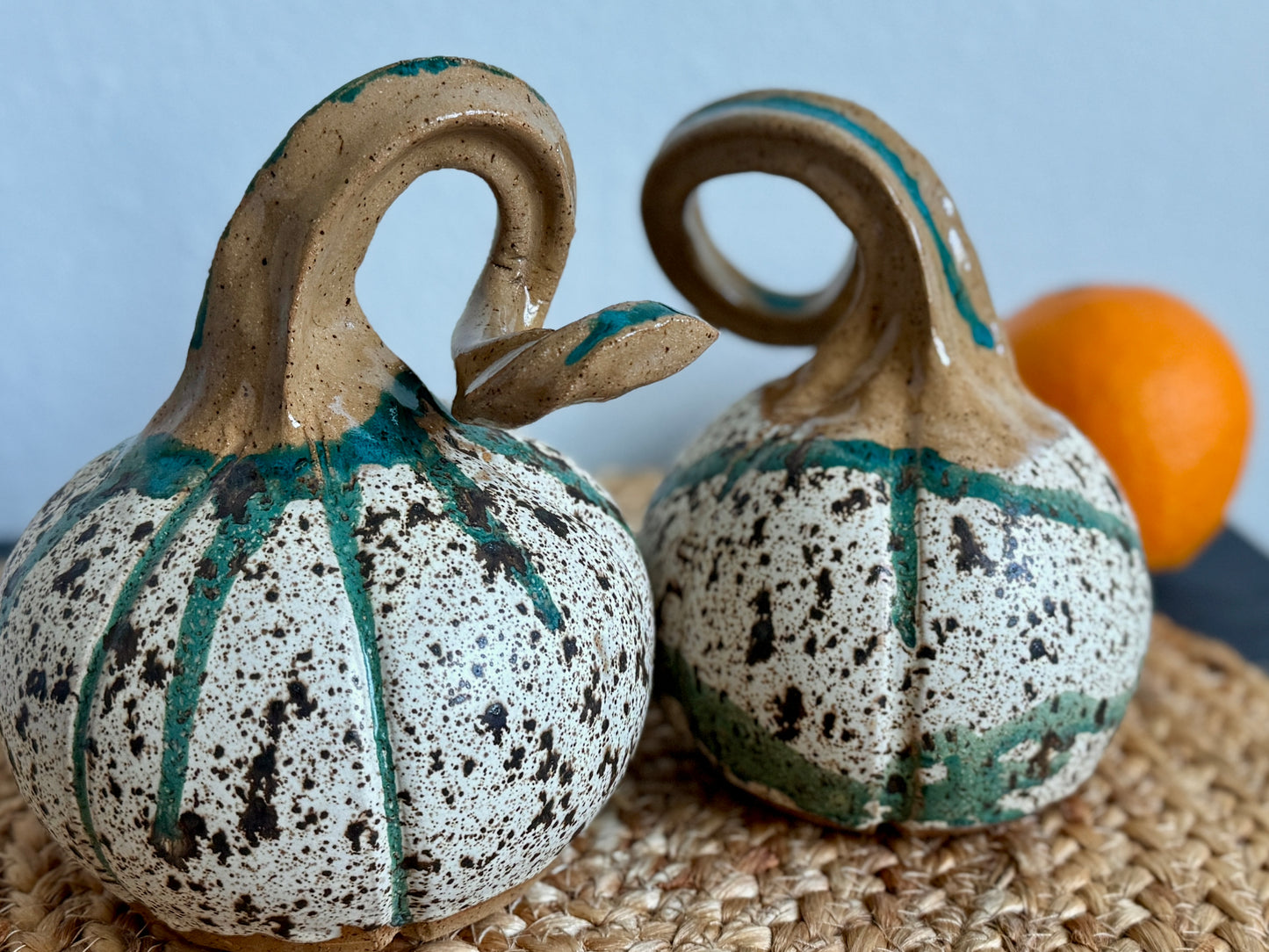 “Twisted Stem Gourd Pair” – Speckled Green & Sandstone