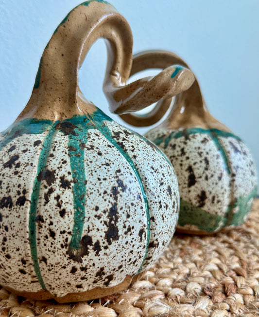 “Twisted Stem Gourd Pair” – Speckled Green & Sandstone