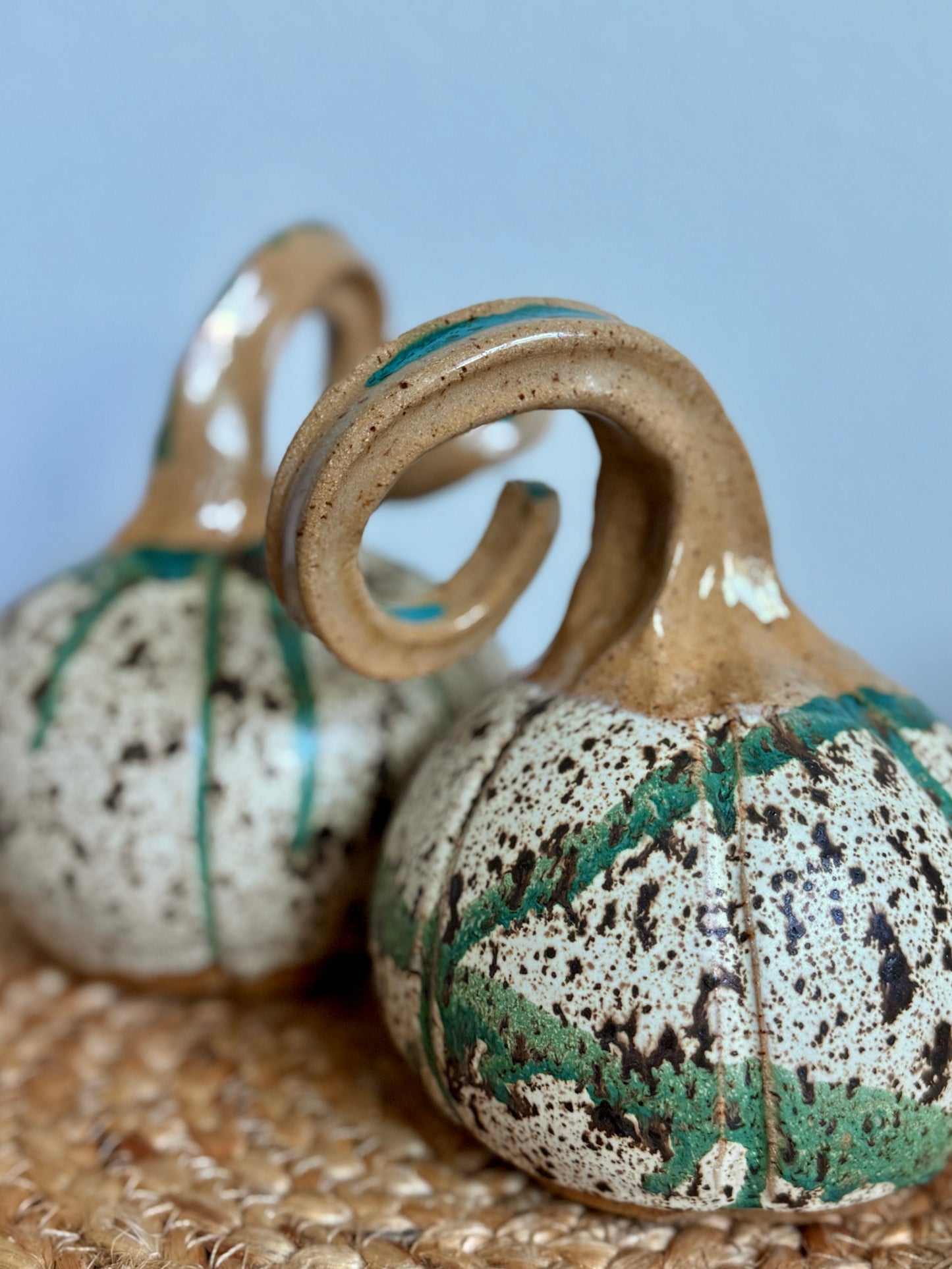 “Twisted Stem Gourd Pair” – Speckled Green & Sandstone